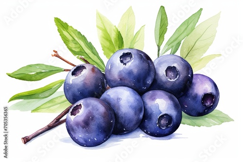 Acai Berry with leaf watercolor isolated on white background. Generative AI Illustration. photo