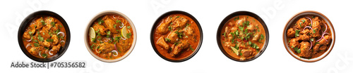Collection bowl of tasty chicken curry dish from Indian cuisine isolated on a transparent background, top view photo