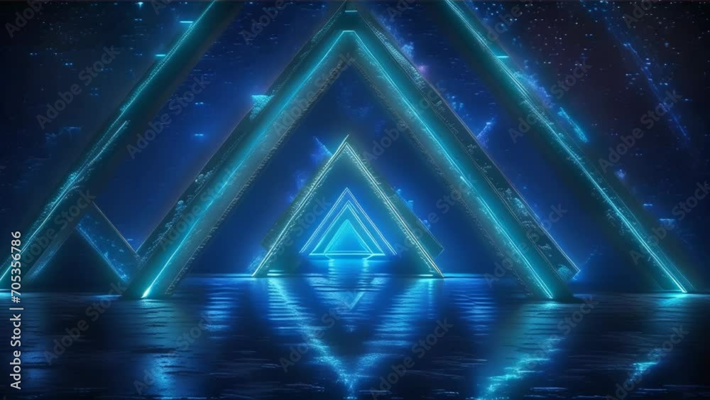 A mystical image of a triple-layered triangular portal emitting blue light, with its reflection mirrored on the water surface.
