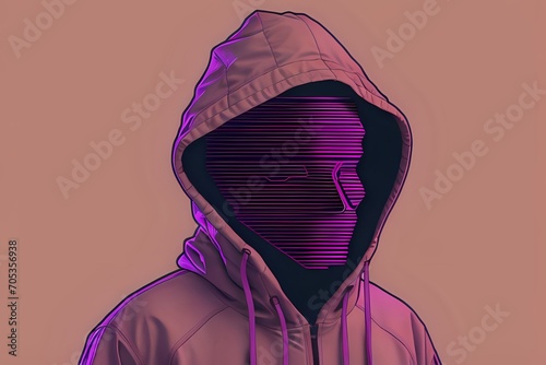 An anonymous figure in a hoodie with a digital glitch effect for a face, illuminated by purple and pink neon light.