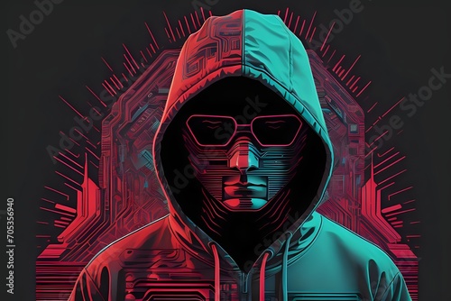 Futuristic portrait of a cybernetic hacker in a hoodie, illuminated by neon red and cyan lights.