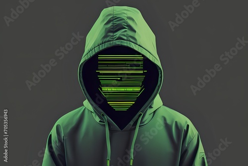 An anonymous figure in a green hoodie has a face made of green digital glitch lines, representing hacking and cybersecurity.