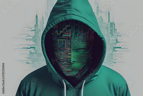 A mysterious figure in a green hoodie with a face made of circuits and digital code, representing AI and hacking.
