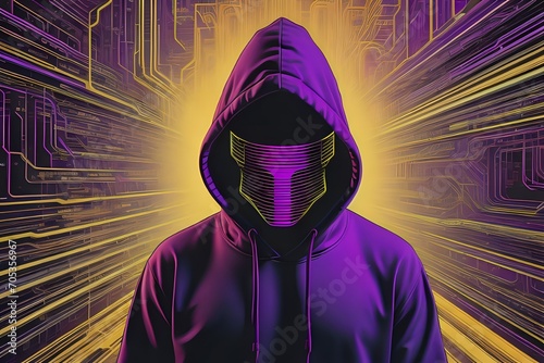 A mysterious figure in a purple hoodie and glowing futuristic mask stands against a background of digital data streams.