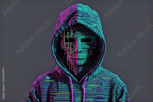 A futuristic portrait of an anonymous hooded figure with a digital glitch mask, representing cybersecurity and artificial intelligence.