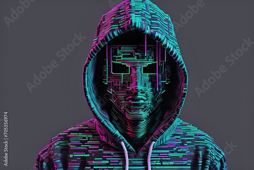 A hooded figure with a glowing digital face made of circuits and pixels, illuminated by neon pink and blue light.