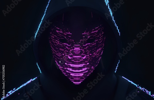 A mysterious figure in a dark hoodie with their face hidden by a glowing purple, pixelated, and glitchy digital mask.