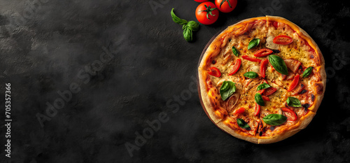 Tasty pepperoni pizza and tomatoes, basil on black concrete background. Top view of pepperoni pizza with salami. Copy space for text, flat lay