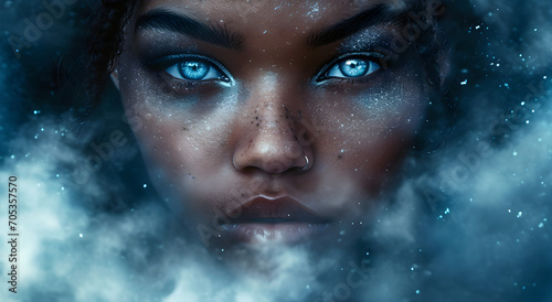 An attractive black woman with piercing blue eyes against a cloudy nebula background, exuding strength and confidence. Suitable for beauty and fashion-related content.
