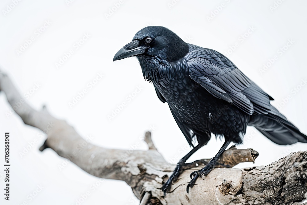 Naklejka premium a crow standing on small root, white copy space on right, 