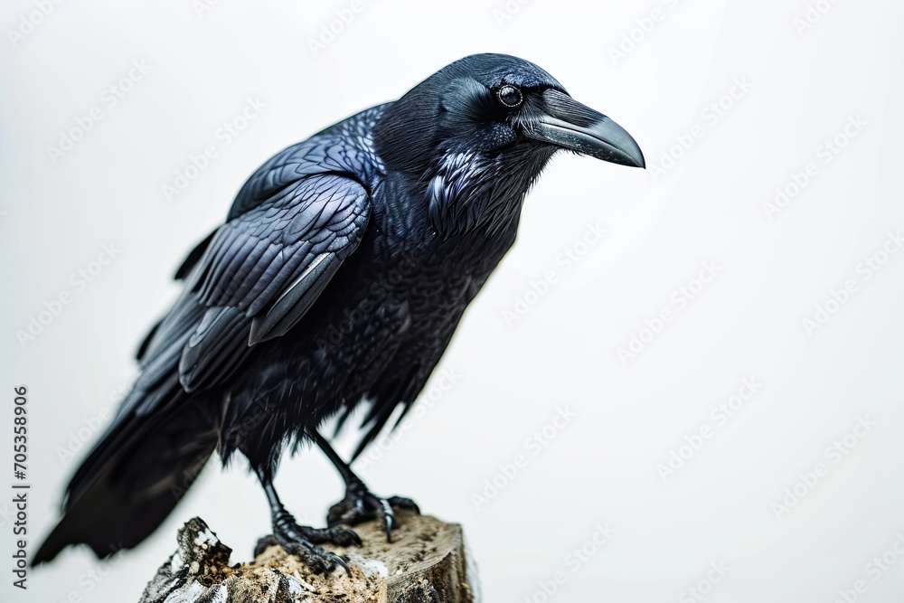 Fototapeta premium a crow standing on small root, white copy space on right, 