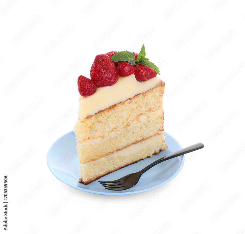 Piece of tasty cake with fresh strawberries and mint isolated on white Piece of tasty cake with fresh strawberries and mint isolated on white
