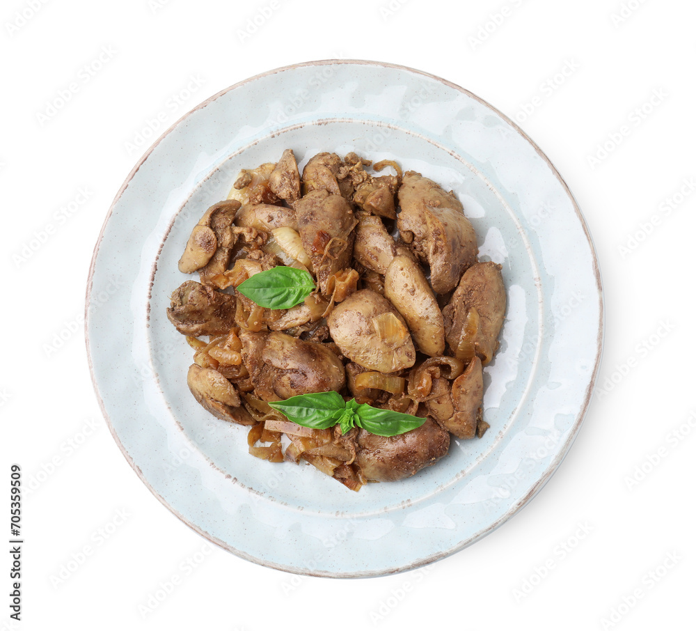 Plate of delicious fried chicken liver with onion and basil isolated on white, top view Plate of delicious fried chicken liver with onion and basil isolated on white, top view