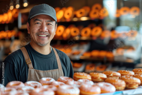 Smiling mature asian man posing at a doughnut shop looking at the camera photo