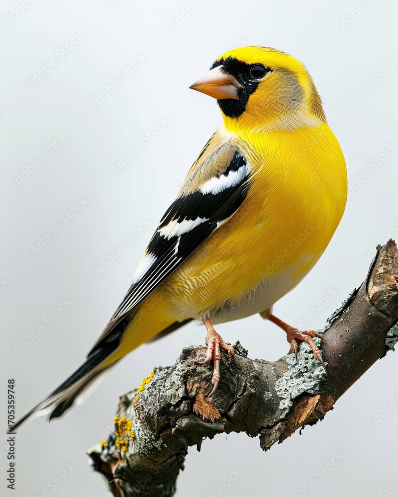 Obraz premium American Goldfinch standing on small root, portrait view, white copy space on right, 