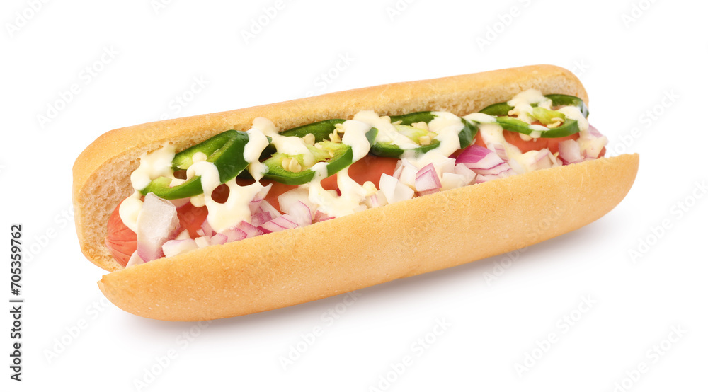 Delicious hot dog with onion, chili pepper and sauce isolated on white Delicious hot dog with onion, chili pepper and sauce isolated on white