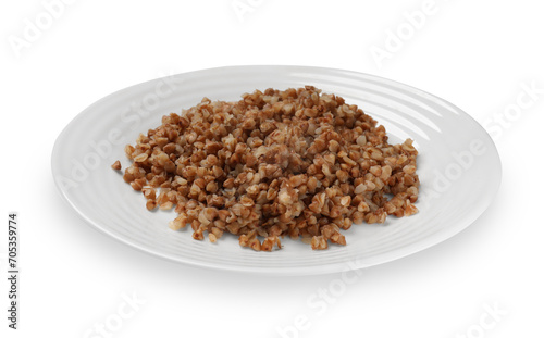 Plate with tasty buckwheat isolated on white