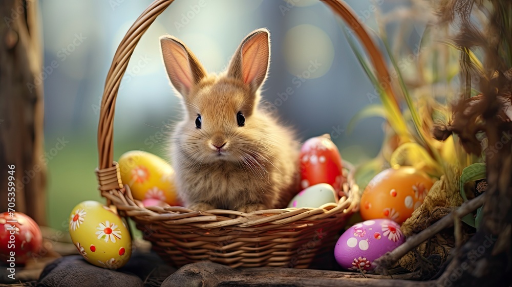 Little Rabbit In A Basket With Decorated Eggs - Easter Card, copy space - generative ai Little Rabbit In A Basket With Decorated Eggs - Easter Card, copy space - generative ai