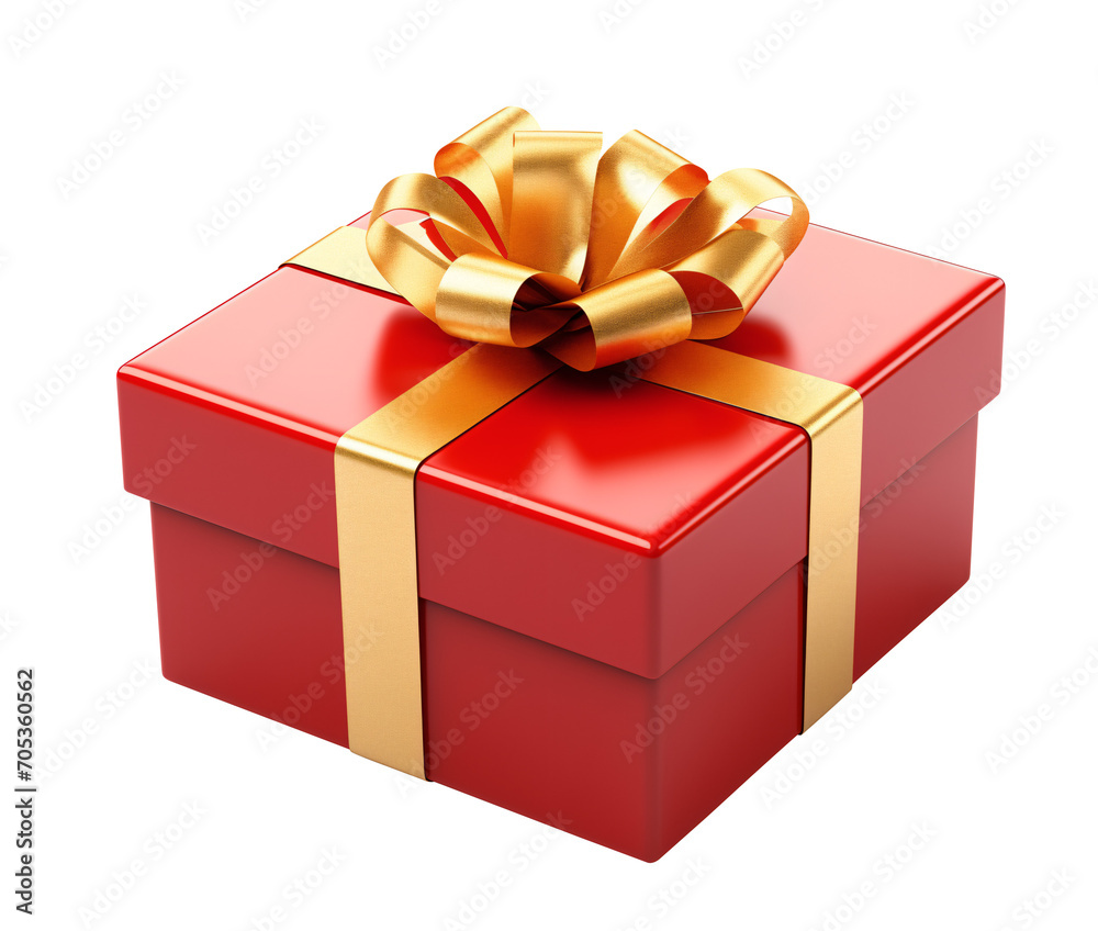 Obraz premium Red gift box with gold satin ribbon. Transparent background. PNG. Generative AI