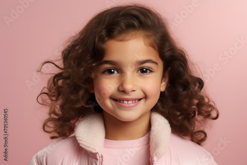 Portrait of a cute little girl with curly hair on a pink background