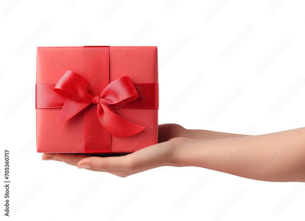 A woman's hand holding a red gift box with a red ribbon. Side view. Transparent background. PNG. Generative AI A woman's hand holding a red gift box with a red ribbon. Side view. Transparent background. PNG. Generative AI