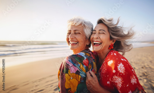Two laughing grandmwomen closed her eyses with pleasure, showing white teeth, hugging  on a sea background. Happy rest, journey concept.