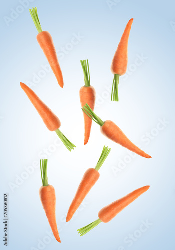 Fresh ripe carrots falling on light blue gradient background