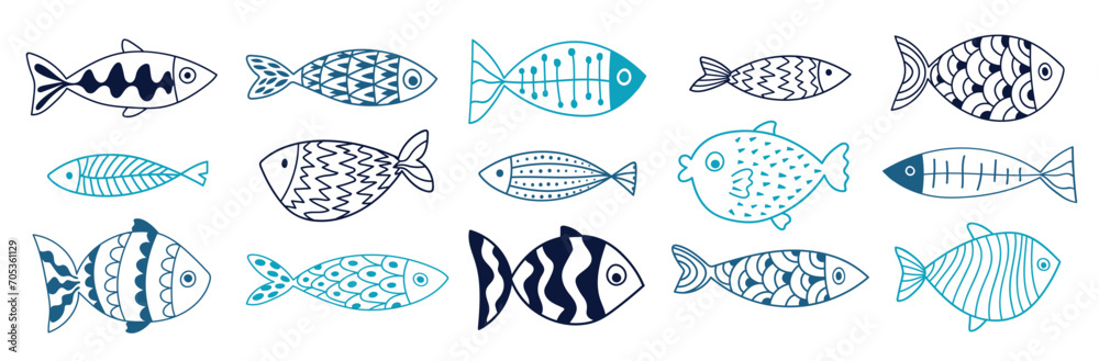 Collection of vector hand-drawn cute fish in flat style. Big set of fish body vector icons. Vector illustration for icon, logo, print, icon, card, emblem, label, sticker - obrazy, fototapety, plakaty 