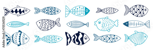 Collection of vector hand-drawn cute fish in flat style. Big set of fish body vector icons. Vector illustration for icon, logo, print, icon, card, emblem, label, sticker photo