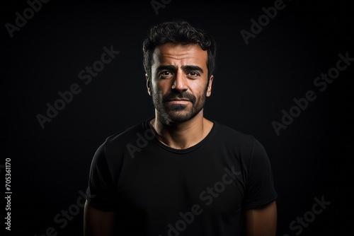 Portrait of a handsome man in black t-shirt on black background © Iigo