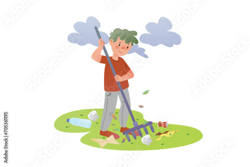 Boy is Cleaning up the Yard with a Pitchfork | Storybook Eco Kids