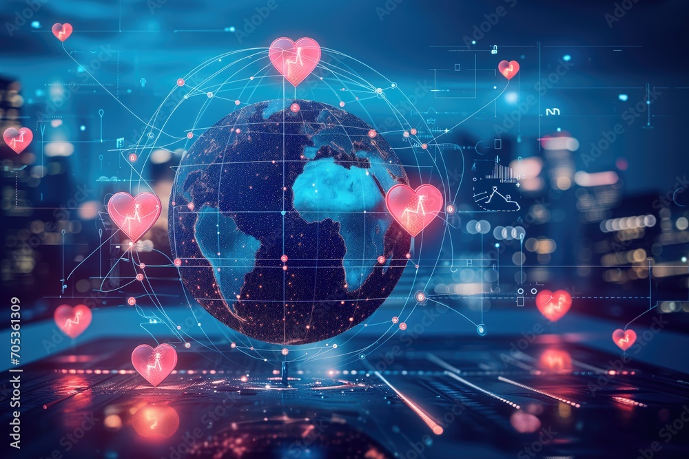 Love in the digital age, featuring a globe surrounded by interconnected hearts, symbolizing a network of global relationships empowered by technology.
Love in the digital age, featuring a globe surrounded by interconnected hearts, symbolizing a network of global relationships empowered by technology.