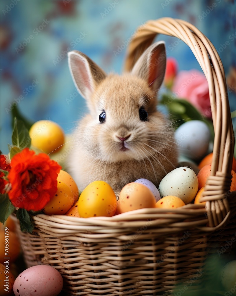 Little Rabbit In A Basket With Decorated Eggs - Easter Card, copy space - generative ai Little Rabbit In A Basket With Decorated Eggs - Easter Card, copy space - generative ai