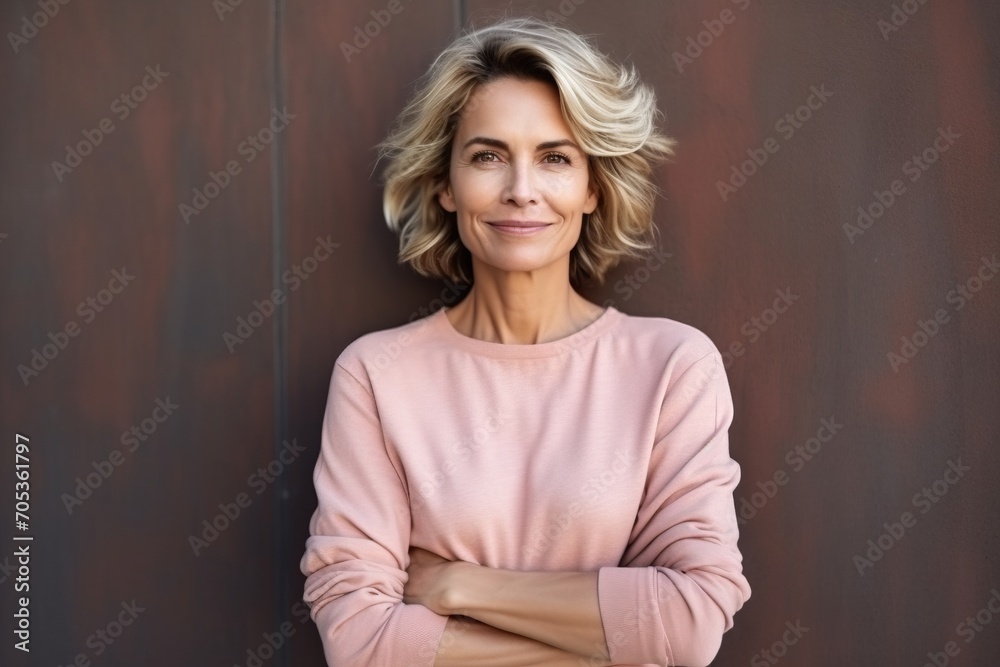 Portrait of beautiful middle aged woman standing with arms crossed against wooden wall