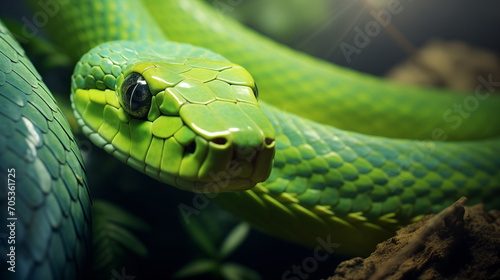 Close-up of a green snake's face, photo with focus on the surface texture of the snake's skin. Generative AI