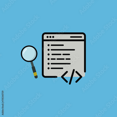 Icon program, computer, software, coding, web, data, programming. Flat illustration of cute magnifying glass cartoon style icon. Magnifying glass cartoon icon vector illustration. 