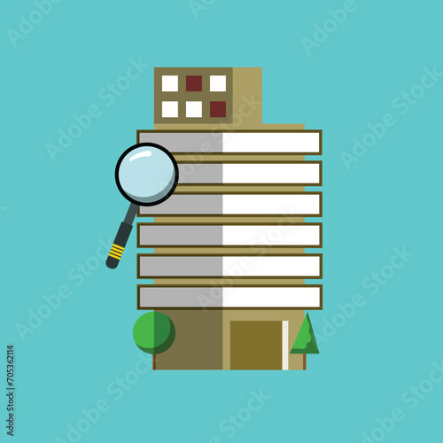 Magnifying glass and building, city, office, urban, business. vector illustration.