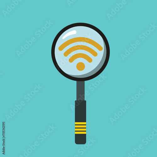 Magnifying glass and signal, connection, internet, wireless icon. vector illustration