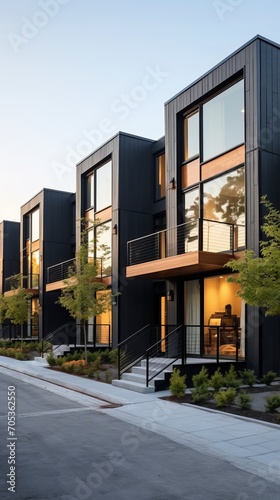 Contemporary modular black townhouses with a private design. Exterior showcasing modern residential architecture photo