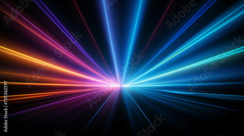 A rainbow-colored neon beam emanating from the heart of darkness. An abstract futuristic hyperspace tunnel. Generative AI