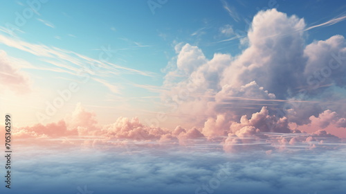 A Blue sky above pinkish puffy clouds. Generative AI