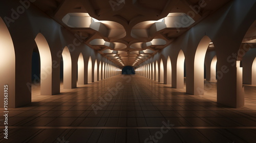 A dark, long hallway with a perspective, with light seeping in between the arched pillars extending on both sides. Generative AI photo