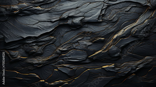 A 3D rendering image featuring black lava rock with gold fragments - Generative AI