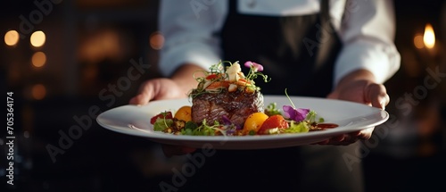 A Close-up of the Waiter's Hand Delivering a Plate of Food in a Restaurant Setting photo