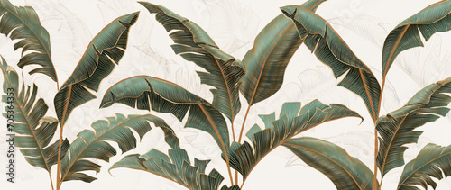 Abstract luxury botanical background with tropical palm leaves with golden elements in line art style. Vector banner with exotic plants for decoration, print, textile, wallpaper.