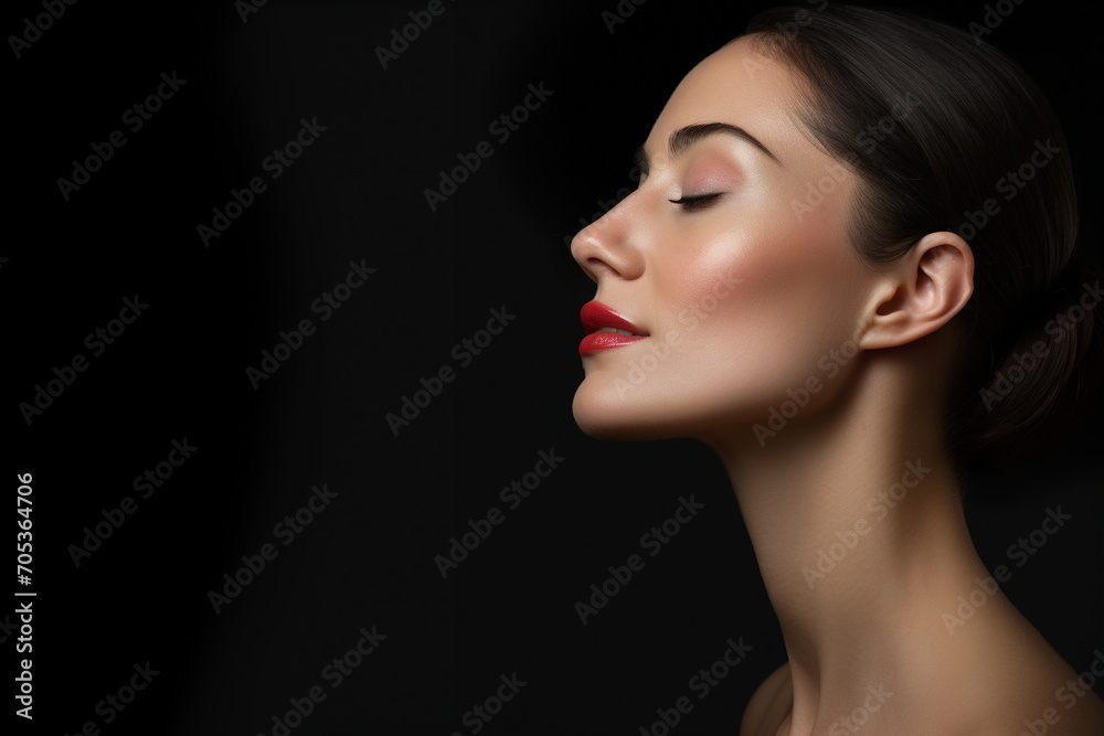 I want a close-up shot of the woman posing from the side profile, a professional photo on a black background, plastic surgeon website - Generative AI I want a close-up shot of the woman posing from the side profile, a professional photo on a black background, plastic surgeon website - Generative AI
