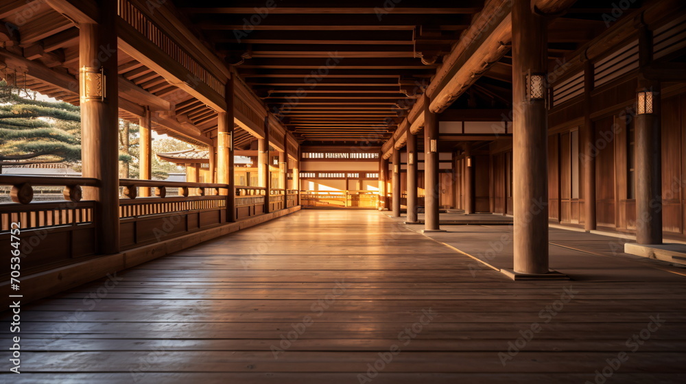 The interior of a traditional Hanok. The wide wooden floor of a wooden house. wooden corridor. Interior of Japanese. Architecture in korea. Empty. Generative AI