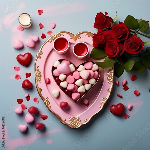 Romantic Valentine’s Setting with Roses and Heart Sweets photo