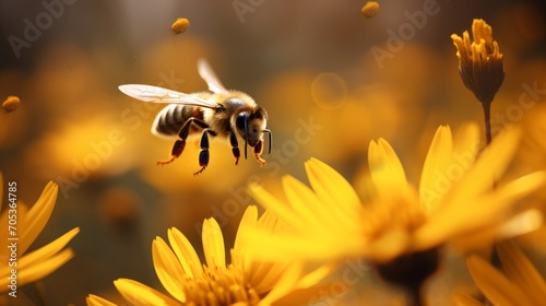 A busy bee flying from flower to flower wings a blur AI generated © ArtStage