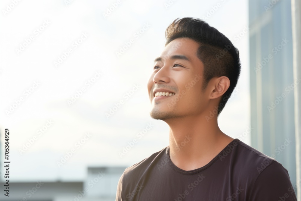 Portrait of a young handsome asian man smiling and looking away Portrait of a young handsome asian man smiling and looking away